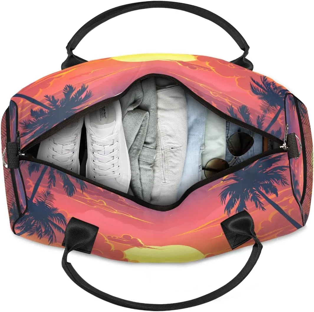 Personalized Sunset Scenery Travel Duffel Bag with Name, Custom Gym Sport Bag Nature Sea Carry On Weekend Overnight Duffel Bag for Men Women