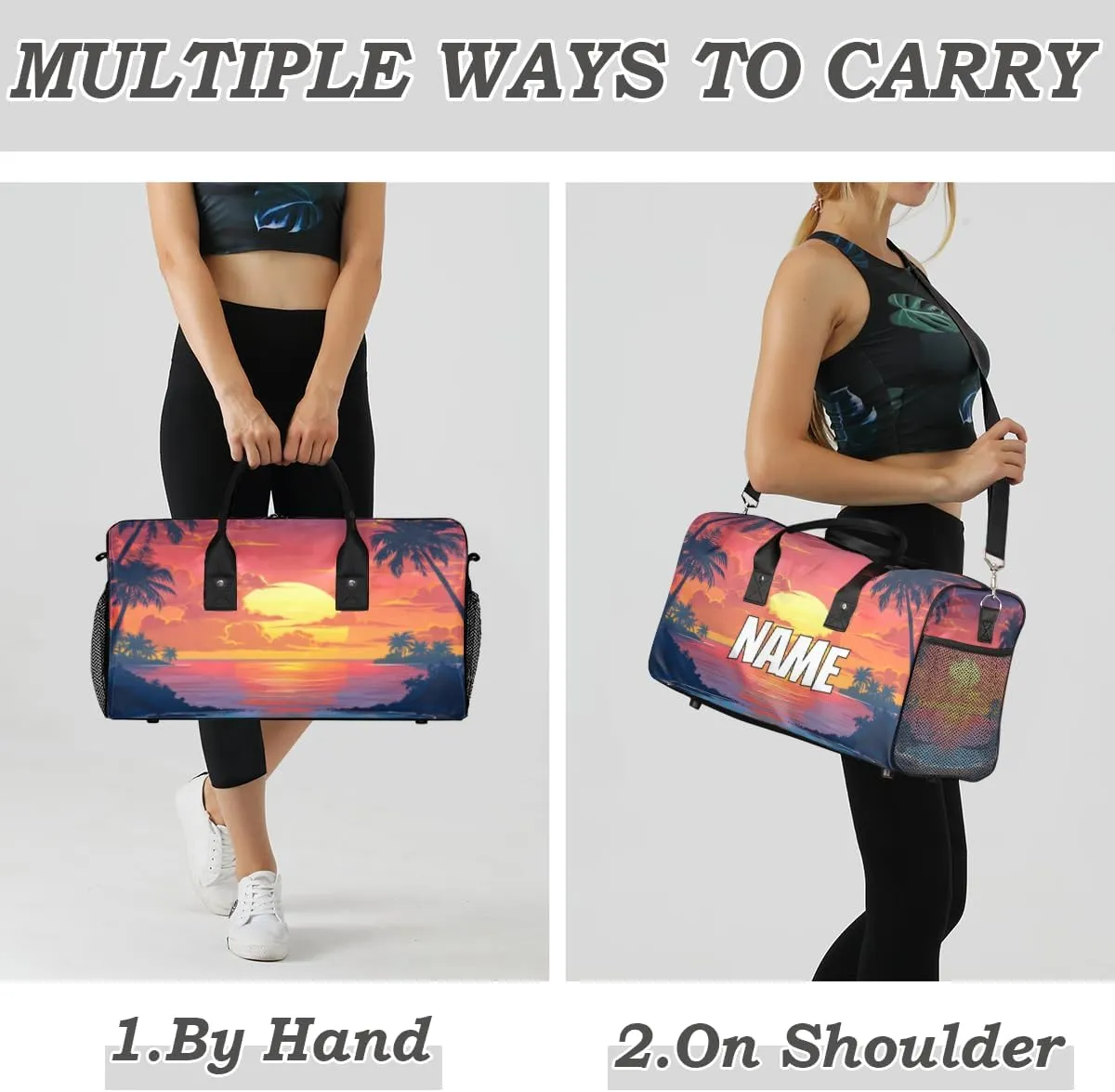 Personalized Sunset Scenery Travel Duffel Bag with Name, Custom Gym Sport Bag Nature Sea Carry On Weekend Overnight Duffel Bag for Men Women