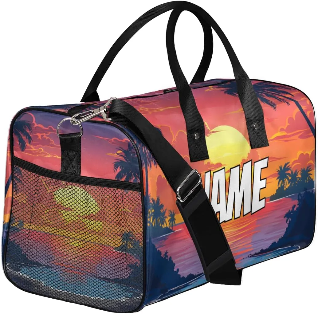 Personalized Sunset Scenery Travel Duffel Bag with Name, Custom Gym Sport Bag Nature Sea Carry On Weekend Overnight Duffel Bag for Men Women