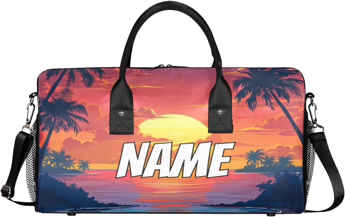 Personalized Sunset Scenery Travel Duffel Bag with Name, Custom Gym Sport Bag Nature Sea Carry On Weekend Overnight Duffel Bag for Men Women
