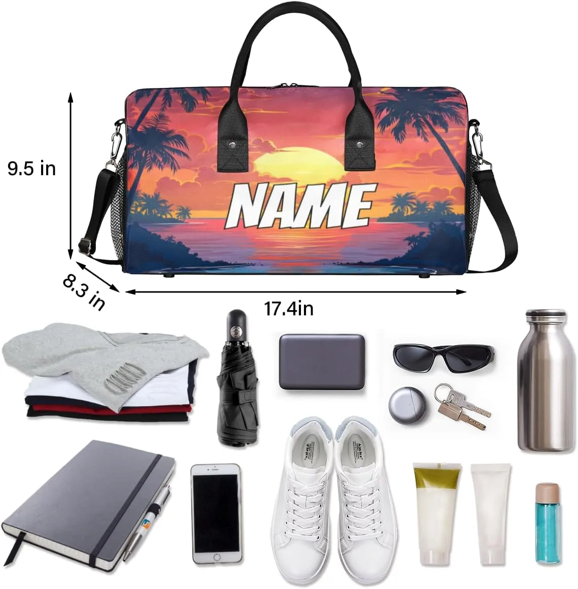 Personalized Sunset Scenery Travel Duffel Bag with Name, Custom Gym Sport Bag Nature Sea Carry On Weekend Overnight Duffel Bag for Men Women