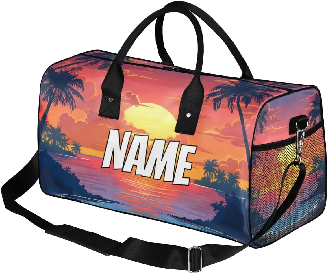 Personalized Sunset Scenery Travel Duffel Bag with Name, Custom Gym Sport Bag Nature Sea Carry On Weekend Overnight Duffel Bag for Men Women