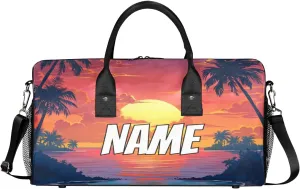 Personalized Sunset Scenery Travel Duffel Bag with Name, Custom Gym Sport Bag Nature Sea Carry On Weekend Overnight Duffel Bag for Men Women