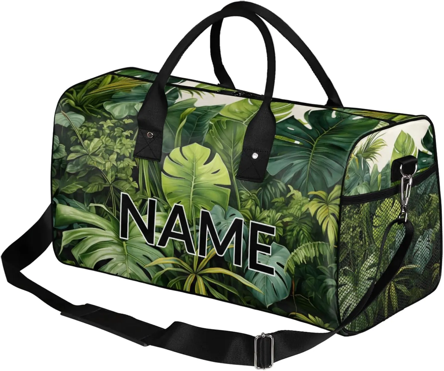 Personalized Tropical Monstera Travel Duffel Bag with Name, Custom Gym Sport Bag Palm Leaves Carry On Weekend Overnight Duffel Bag for Men Women