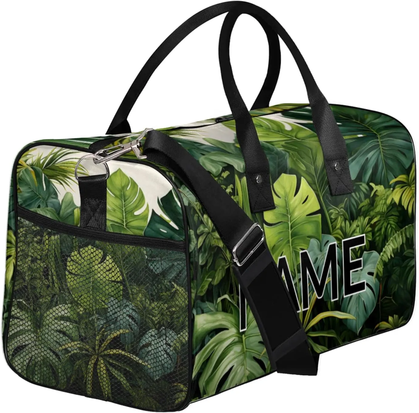 Personalized Tropical Monstera Travel Duffel Bag with Name, Custom Gym Sport Bag Palm Leaves Carry On Weekend Overnight Duffel Bag for Men Women