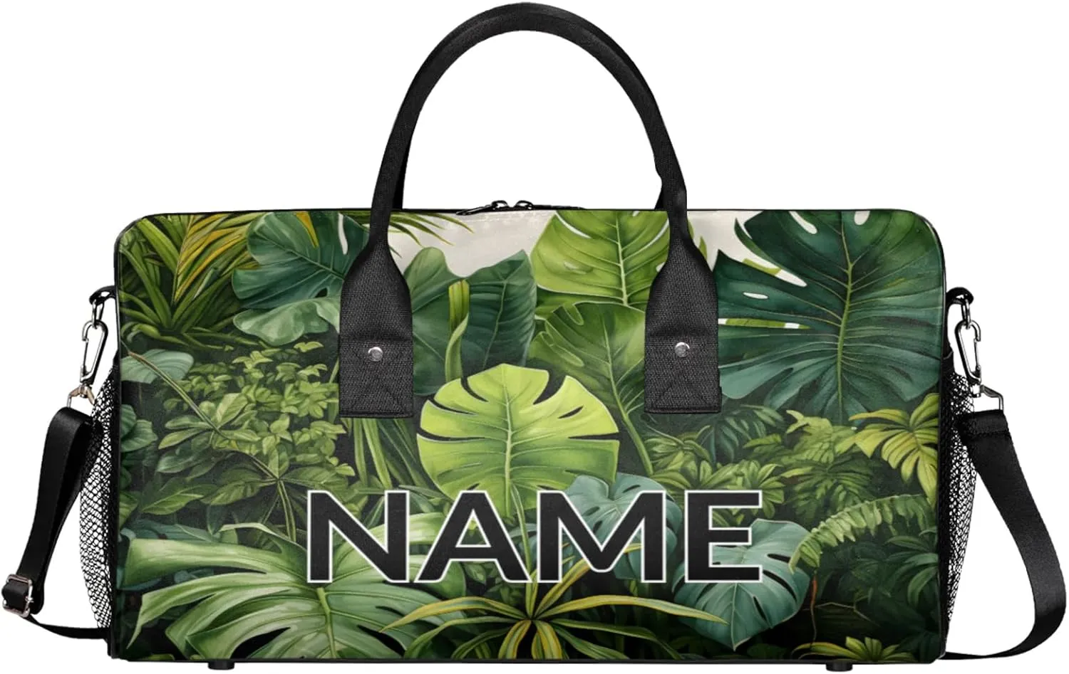 Personalized Tropical Monstera Travel Duffel Bag with Name, Custom Gym Sport Bag Palm Leaves Carry On Weekend Overnight Duffel Bag for Men Women