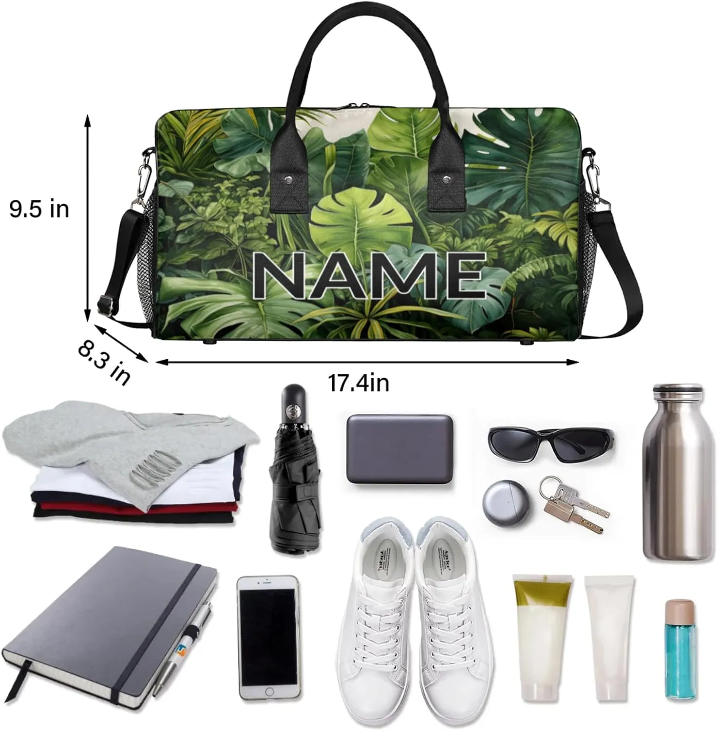 Personalized Tropical Monstera Travel Duffel Bag with Name, Custom Gym Sport Bag Palm Leaves Carry On Weekend Overnight Duffel Bag for Men Women