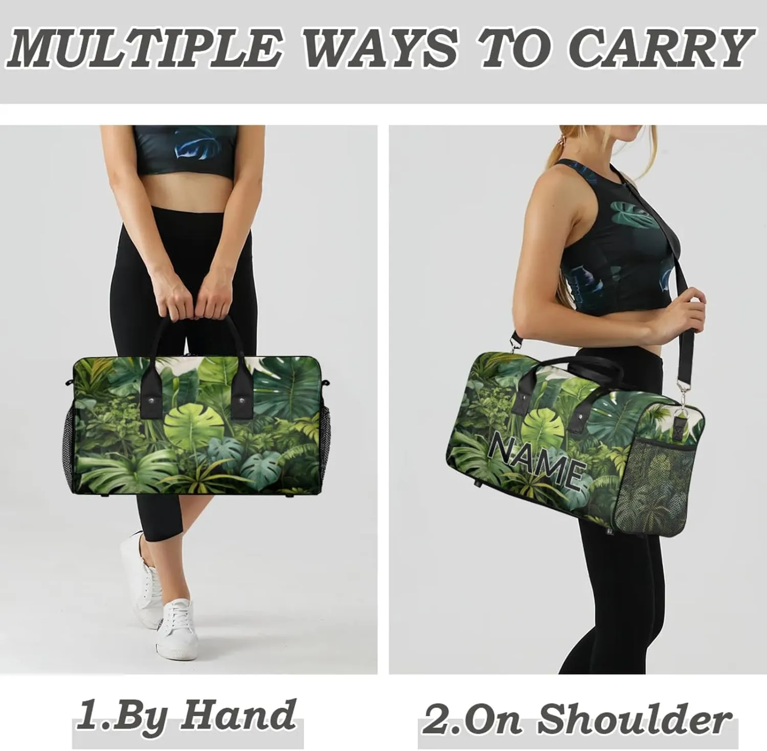 Personalized Tropical Monstera Travel Duffel Bag with Name, Custom Gym Sport Bag Palm Leaves Carry On Weekend Overnight Duffel Bag for Men Women