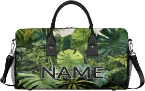Personalized Tropical Monstera Travel Duffel Bag with Name, Custom Gym Sport Bag Palm Leaves Carry On Weekend Overnight Duffel Bag for Men Women