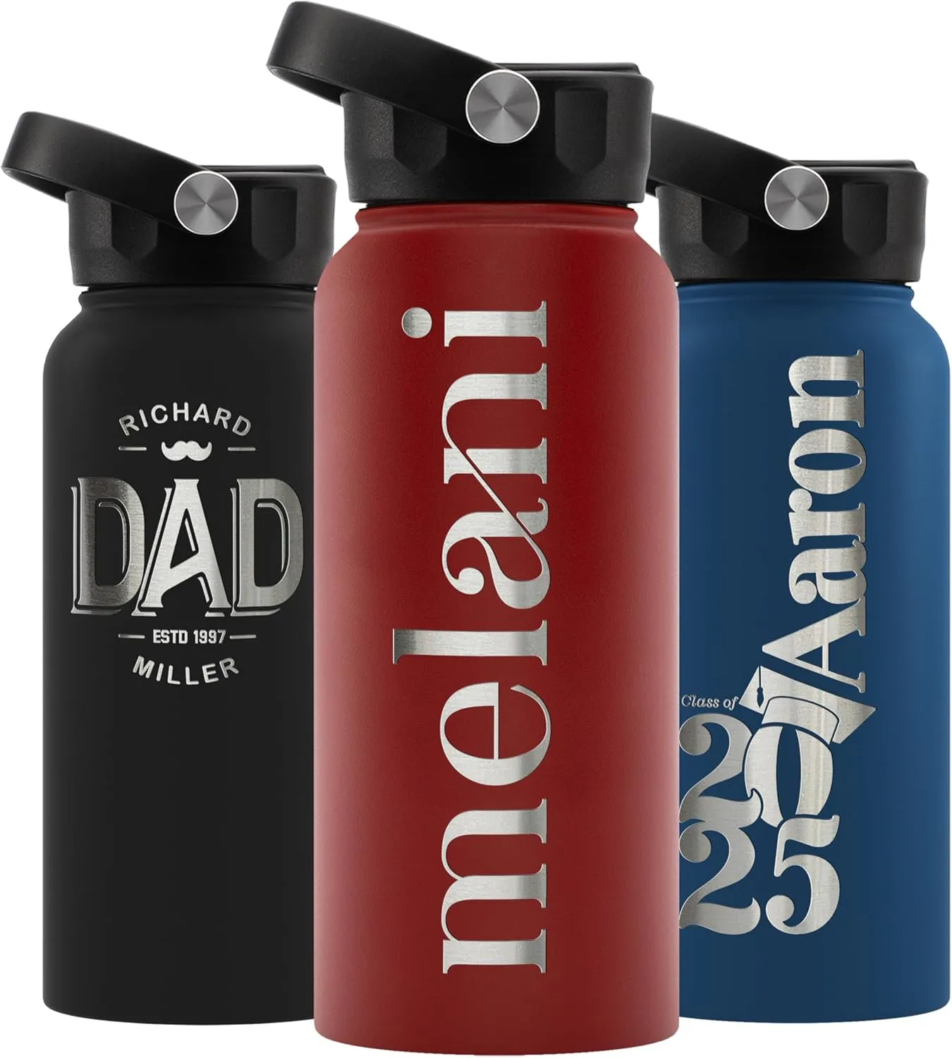 Personalized Water Bottle w Straw Lid Double Wall Insulated | 32 oz - 12 Font - Red | 9 Color Custom Water Bottle w Name and Text, BPA Free - Non Sweat - Vacuum Insulated