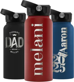 Personalized Water Bottle w Straw Lid Double Wall Insulated | 32 oz - 12 Font - Red | 9 Color Custom Water Bottle w Name and Text, BPA Free - Non Sweat - Vacuum Insulated
