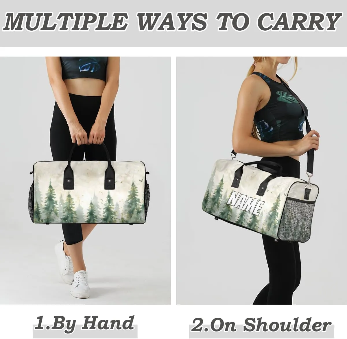 Personalized Watercolor Misty Forest Travel Duffel Bag with Name, Custom Gym Sport Bag Pine Tree Carry On Weekend Overnight Duffel Bag for Men Women
