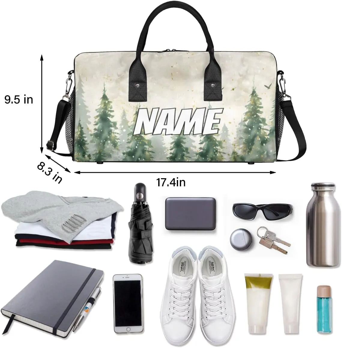Personalized Watercolor Misty Forest Travel Duffel Bag with Name, Custom Gym Sport Bag Pine Tree Carry On Weekend Overnight Duffel Bag for Men Women