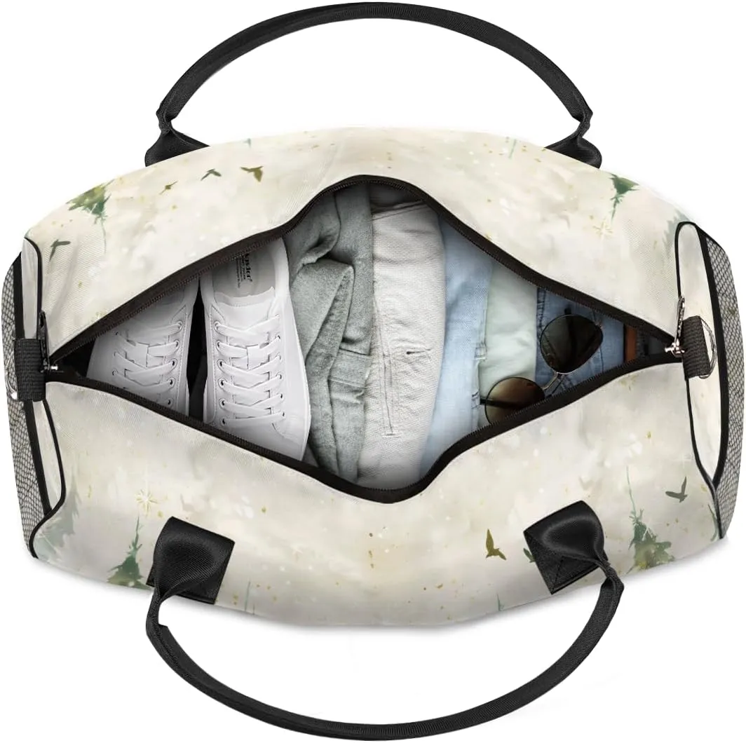 Personalized Watercolor Misty Forest Travel Duffel Bag with Name, Custom Gym Sport Bag Pine Tree Carry On Weekend Overnight Duffel Bag for Men Women