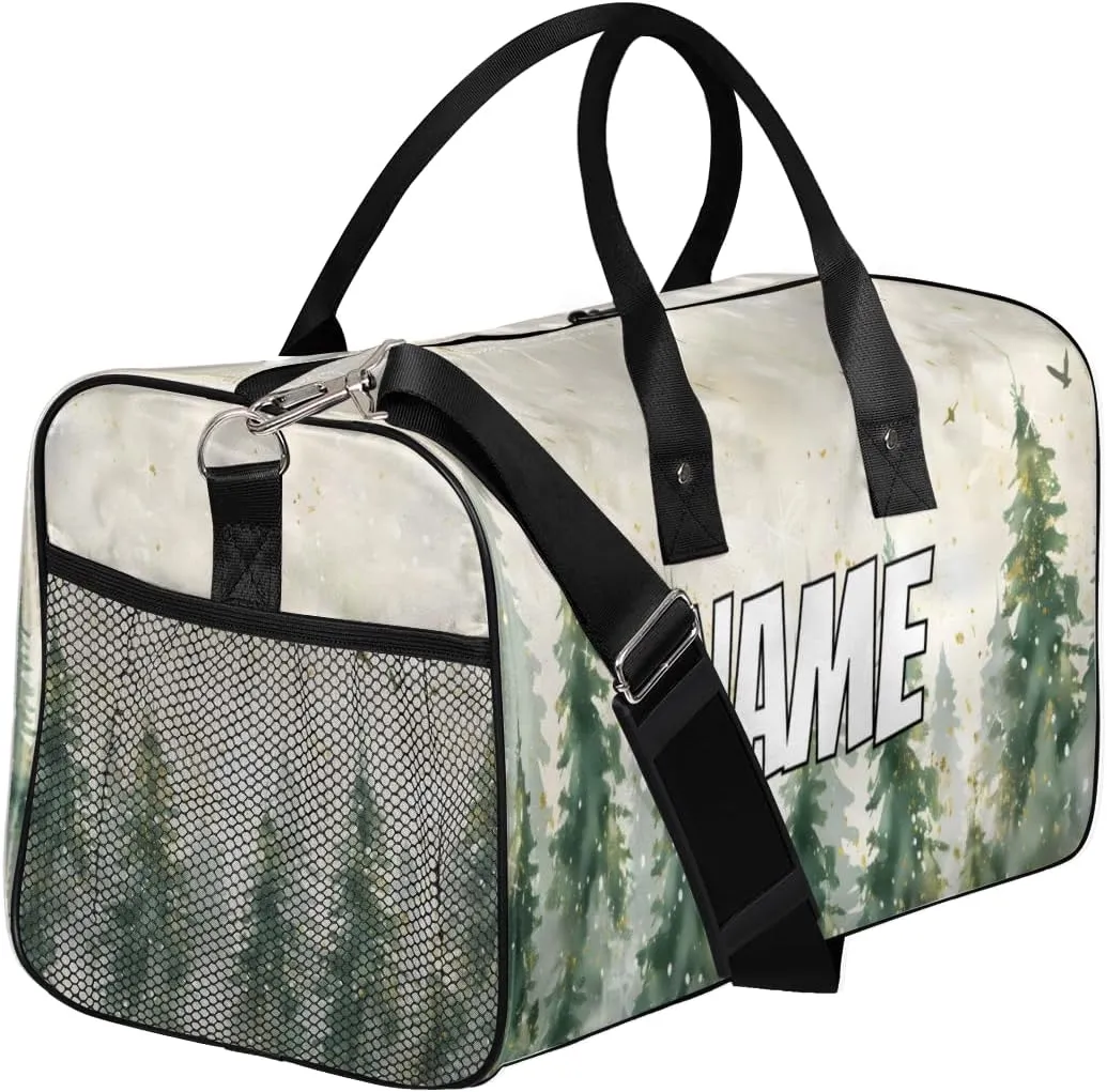 Personalized Watercolor Misty Forest Travel Duffel Bag with Name, Custom Gym Sport Bag Pine Tree Carry On Weekend Overnight Duffel Bag for Men Women
