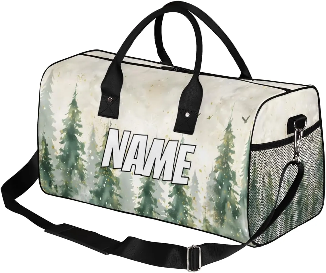 Personalized Watercolor Misty Forest Travel Duffel Bag with Name, Custom Gym Sport Bag Pine Tree Carry On Weekend Overnight Duffel Bag for Men Women