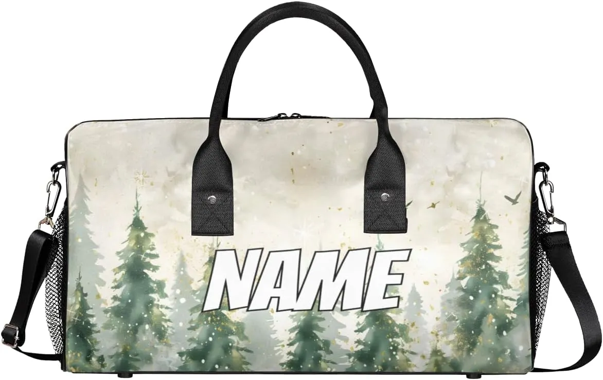 Personalized Watercolor Misty Forest Travel Duffel Bag with Name, Custom Gym Sport Bag Pine Tree Carry On Weekend Overnight Duffel Bag for Men Women