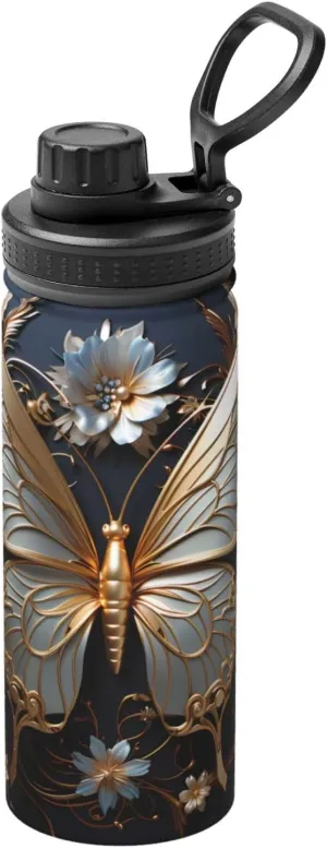PHAYAH Gold White Butterflies Camping Hiking Hydration Flask Stainless Steel, Double Walled & Vacuum Insulated Water Bottle