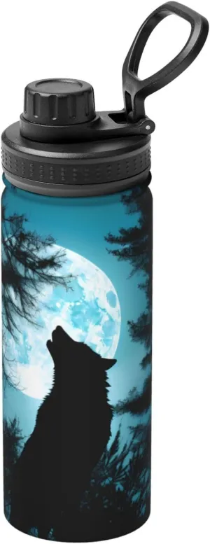 PHAYAH Wolf Under The Moon Camping Hiking Hydration Flask Stainless Steel, Double Walled & Vacuum Insulated Water Bottle