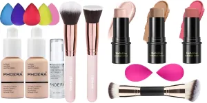 PHOERA Foundation Makeup for Wome Full Coverage Foundation Set,3 Pcs Cream Contour Stick Makeup Kit, Shades with Highlighter Stick, Blush Stick and Bronzer Contour Stick
