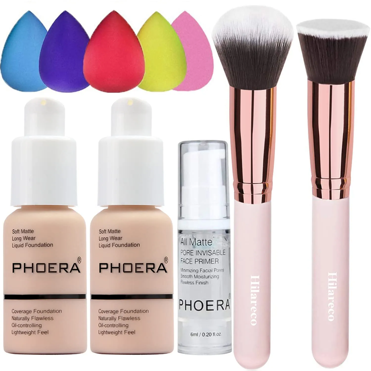 PHOERA Foundation Makeup for Wome Full Coverage Foundation Set,Face Primer Foundation Brush Powder Brush,5 Makeup Sponge,30ml PHOERA 24HR Matte Oil Control Concealer (101 Porcelain   102 Nude)