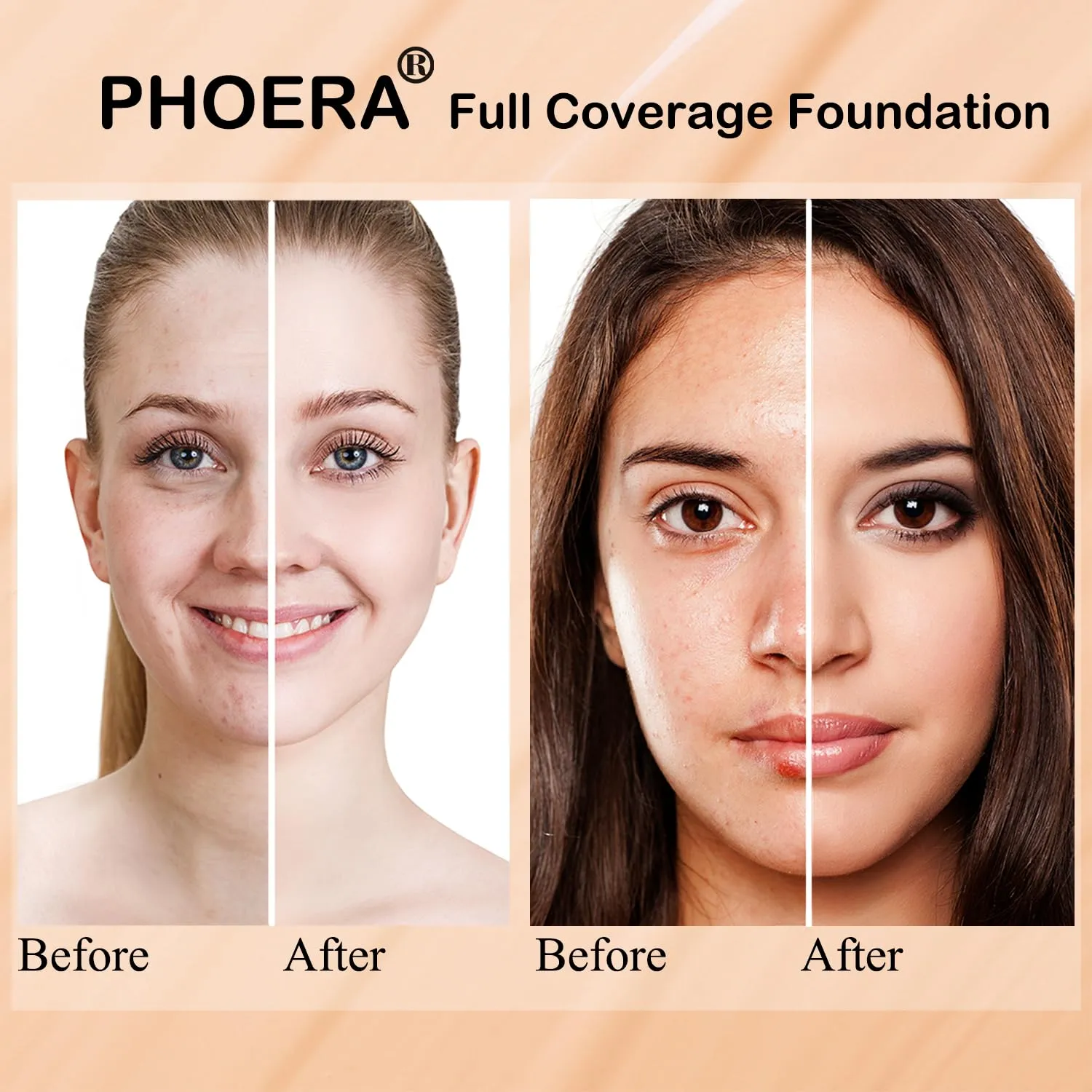 PHOERA Foundation Makeup for Wome Full Coverage Foundation Set,Face Primer Foundation Brush Powder Brush,5 Makeup Sponge,30ml PHOERA 24HR Matte Oil Control Concealer (101 Porcelain   102 Nude)