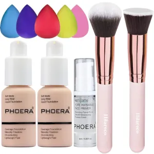 PHOERA Foundation Makeup for Wome Full Coverage Foundation Set,Face Primer Foundation Brush Powder Brush,5 Makeup Sponge,30ml PHOERA 24HR Matte Oil Control Concealer (101 Porcelain   102 Nude)