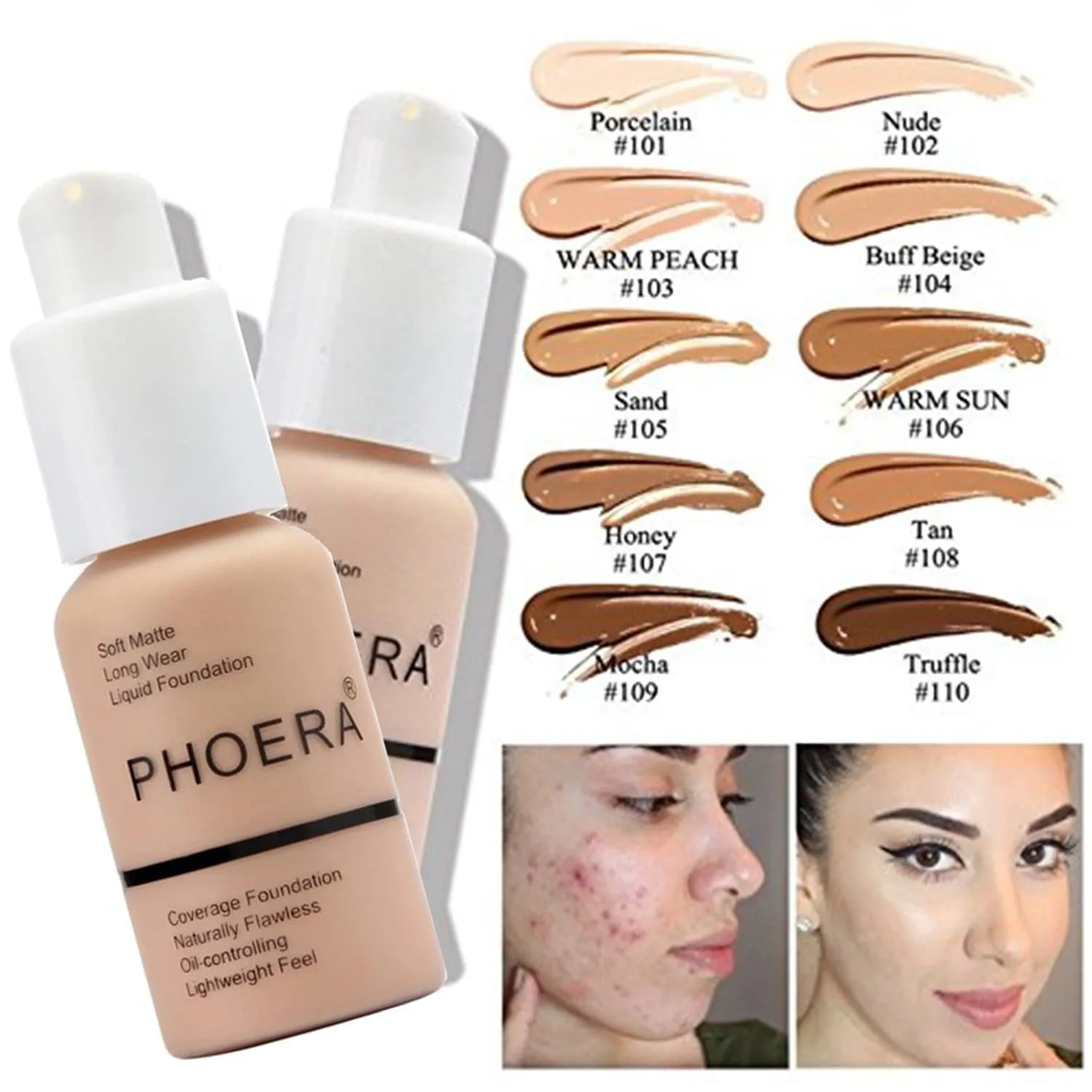 PHOERA Foundation Makeup for Wome Full Coverage Foundation Set,Face Primer Foundation Brush Powder Brush,5 Makeup Sponge,30ml PHOERA 24HR Matte Oil Control Concealer (101 Porcelain   102 Nude)