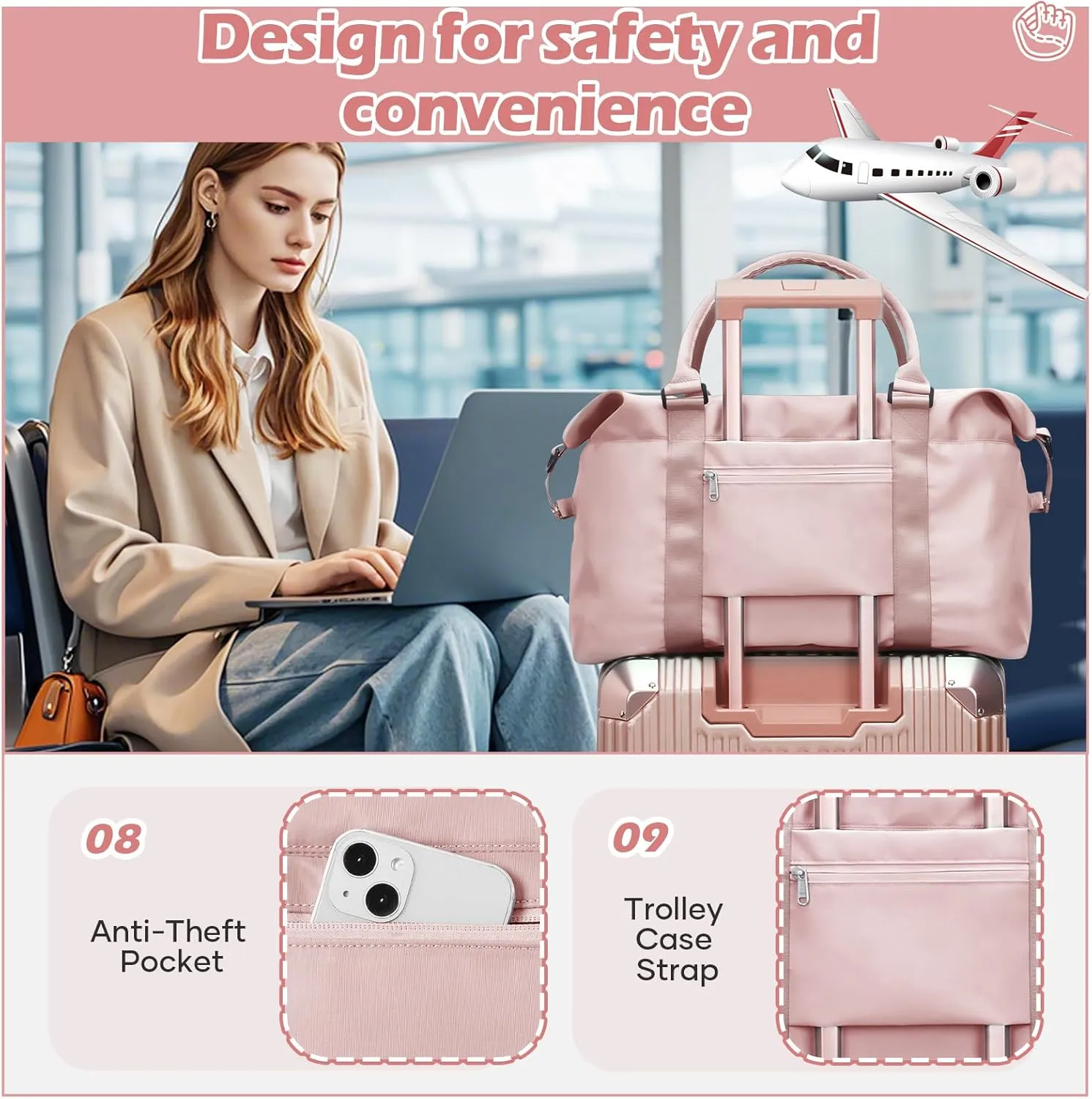 Pink Gym Bag with Wet Pocket, Foldable Travel Duffle Bag Carry On Weekender Bags for Women, Waterproof Overnight Bag for Travel, Gym, Yoga