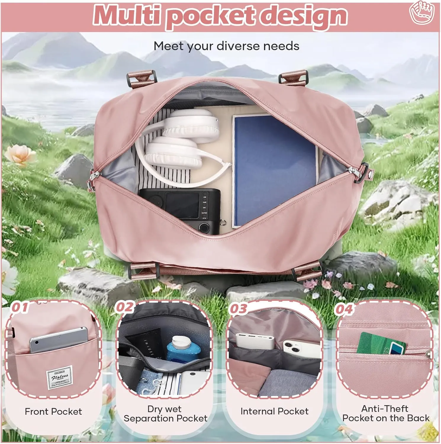 Pink Gym Bag with Wet Pocket, Foldable Travel Duffle Bag Carry On Weekender Bags for Women, Waterproof Overnight Bag for Travel, Gym, Yoga