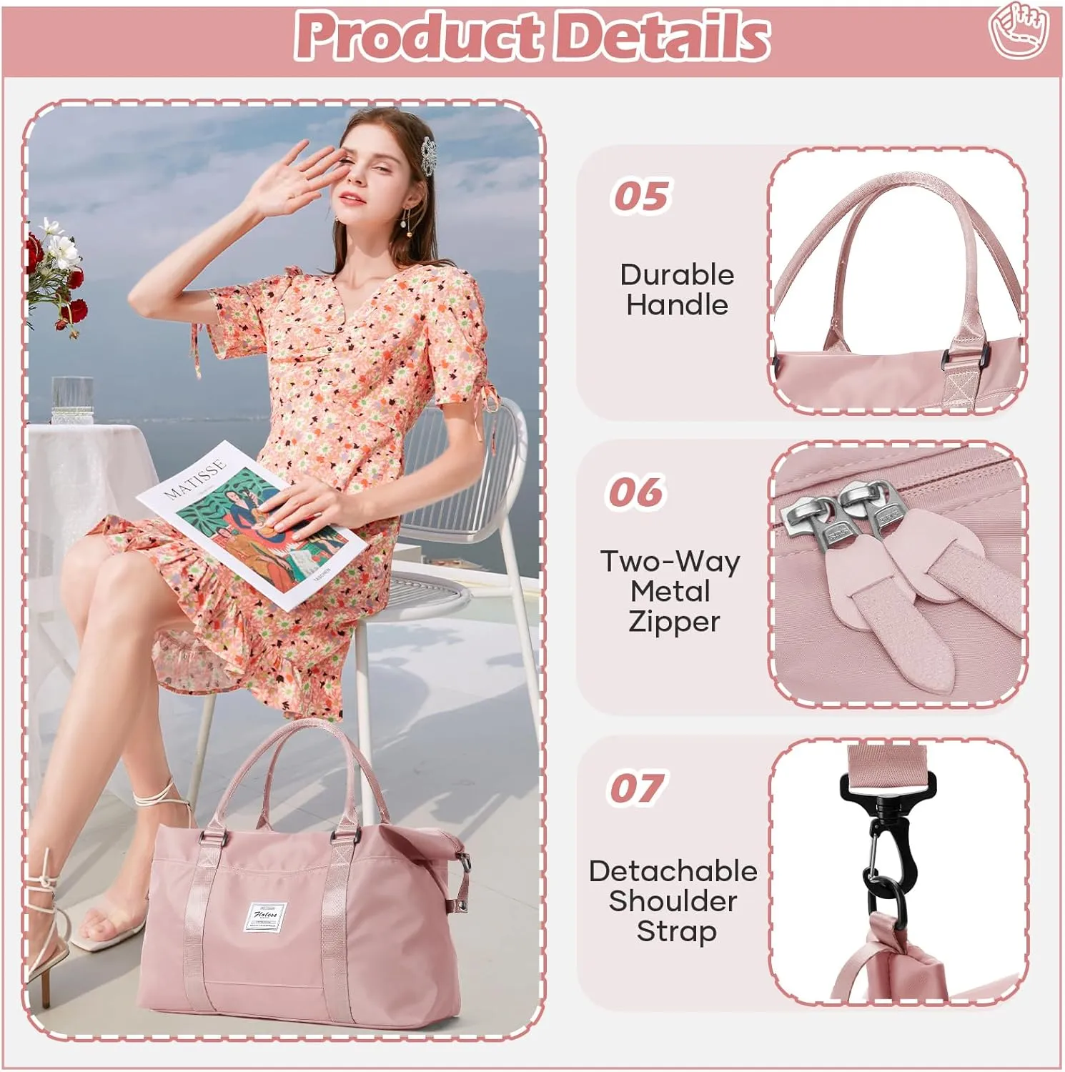Pink Gym Bag with Wet Pocket, Foldable Travel Duffle Bag Carry On Weekender Bags for Women, Waterproof Overnight Bag for Travel, Gym, Yoga