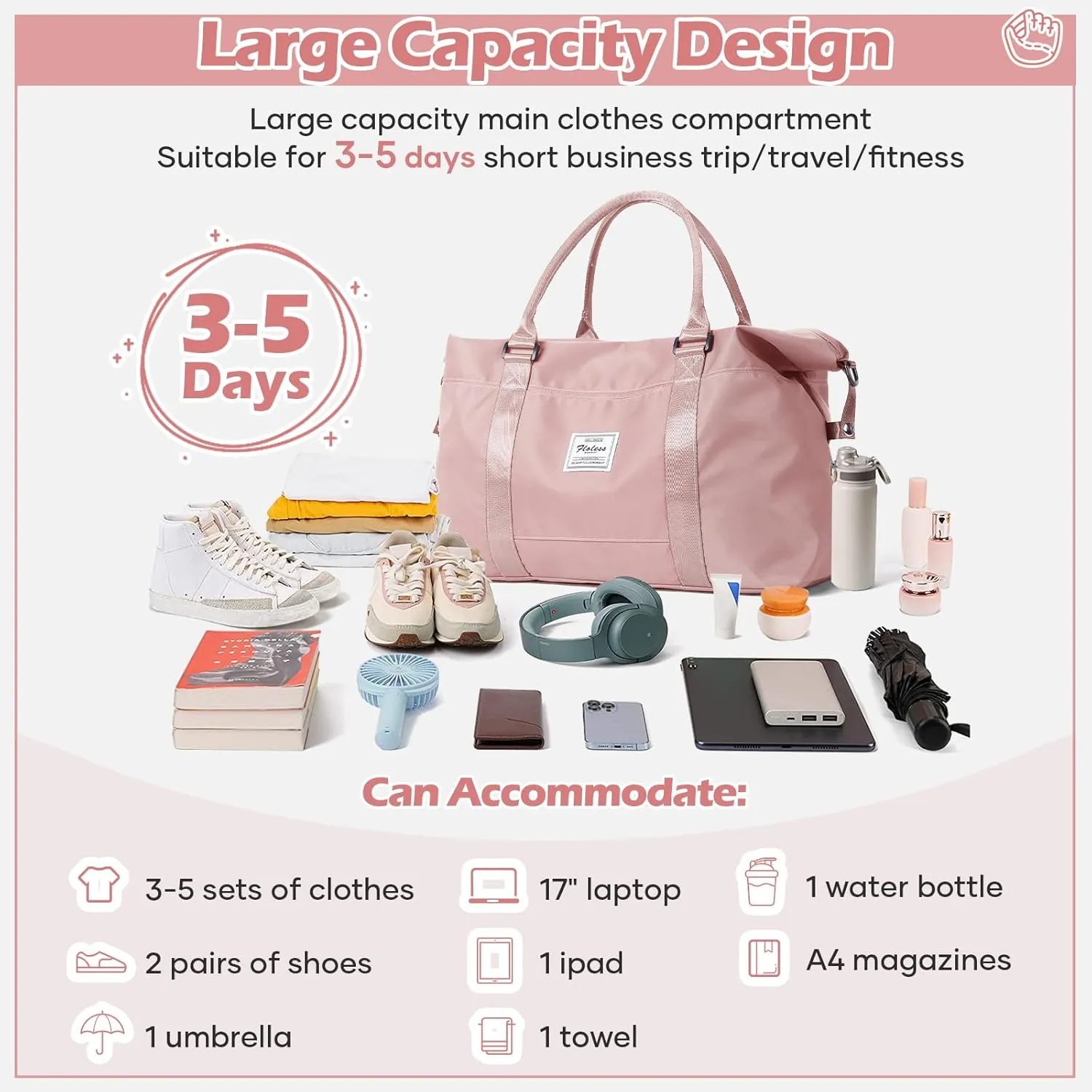 Pink Gym Bag with Wet Pocket, Foldable Travel Duffle Bag Carry On Weekender Bags for Women, Waterproof Overnight Bag for Travel, Gym, Yoga