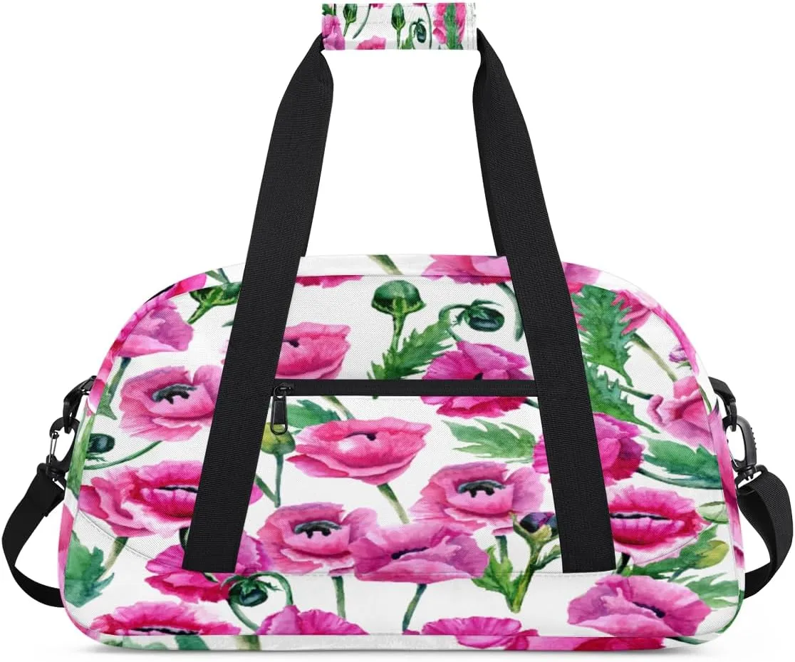 Pink Poppy Gym Duffel Bag for Men Women Poppy Leaves Sports Tote Bag with Adjustable Shoulder Strap for Dance Gymnastics Traveling Outdoor Camping Overnight Stay