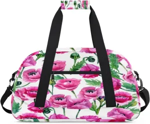 Pink Poppy Gym Duffel Bag for Men Women Poppy Leaves Sports Tote Bag with Adjustable Shoulder Strap for Dance Gymnastics Traveling Outdoor Camping Overnight Stay