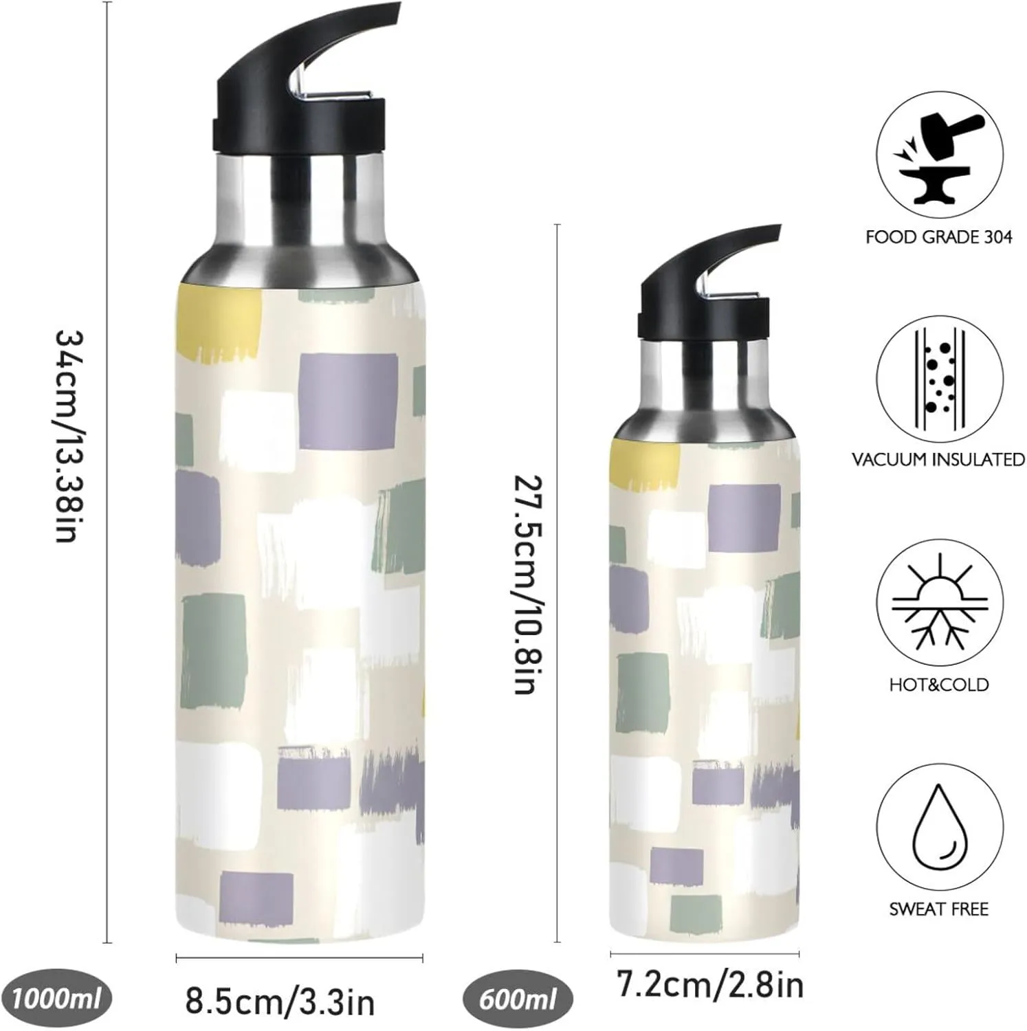 Plain Patterns Sports Water Bottle with Straw, 22oz BPA Free Stainless Steel Vacuum Insulated Bottle for Gym Fitness Outdoor