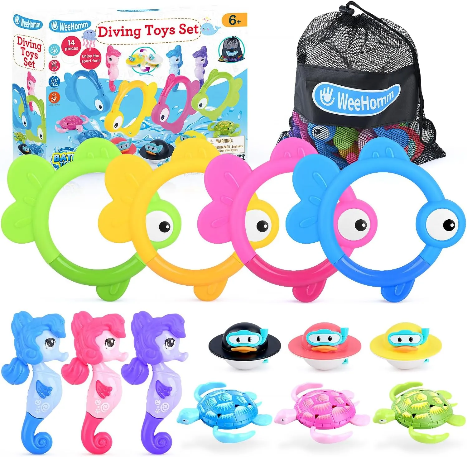 Pool Diving Toys for Kids, 14 PCS Swimming Pool Diving Rings, Summer Dive Sticks with Float Toys for Kids 4-8 8-12, Sea Animals Sinking Games for Teens, with Seahorse/Fish/Turtles/Ducks