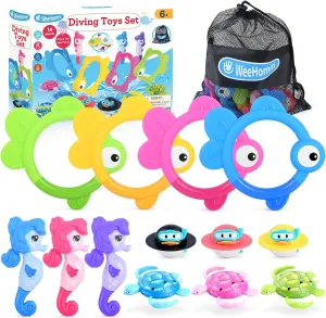 Pool Diving Toys for Kids, 14 PCS Swimming Pool Diving Rings, Summer Dive Sticks with Float Toys for Kids 4-8 8-12, Sea Animals Sinking Games for Teens, with Seahorse/Fish/Turtles/Ducks