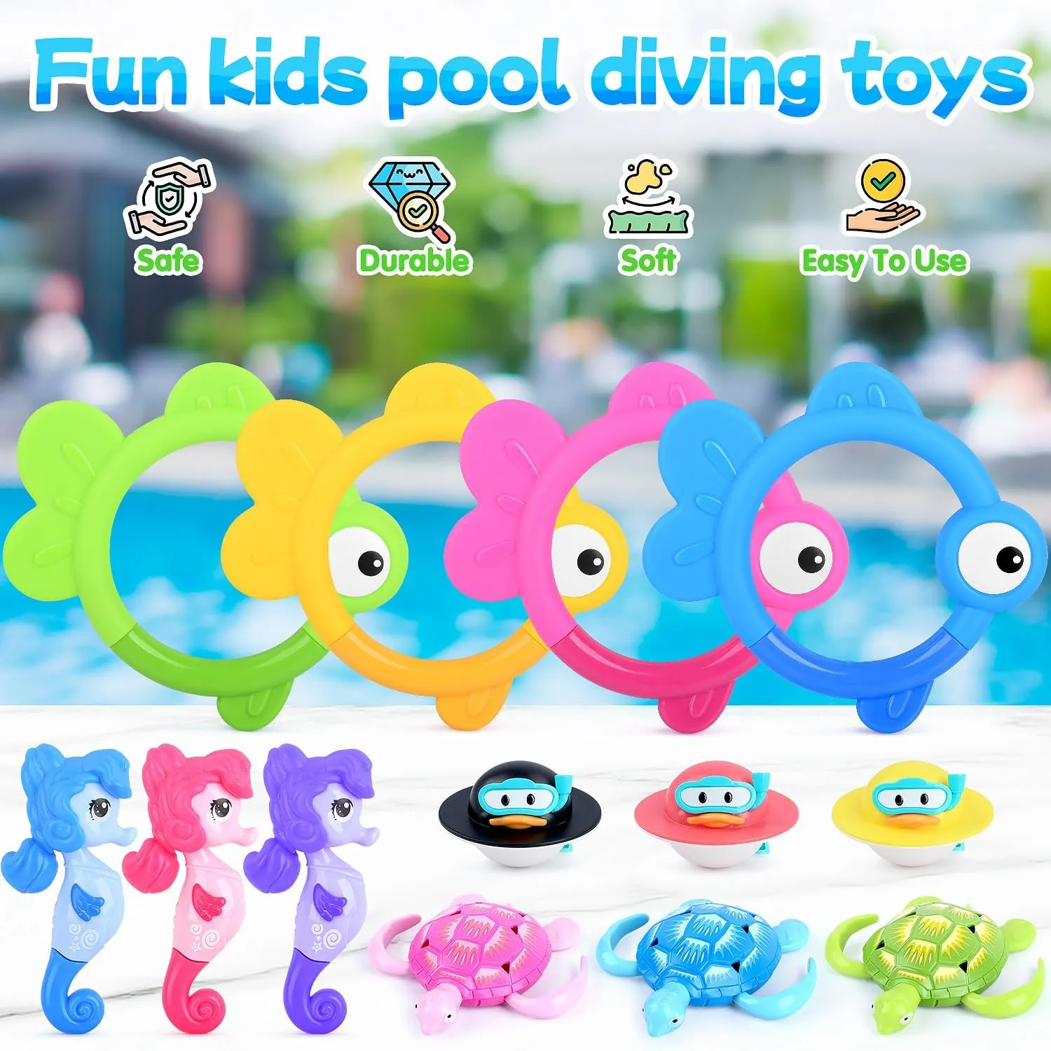 Pool Diving Toys for Kids, 14 PCS Swimming Pool Diving Rings, Summer Dive Sticks with Float Toys for Kids 4-8 8-12, Sea Animals Sinking Games for Teens, with Seahorse/Fish/Turtles/Ducks