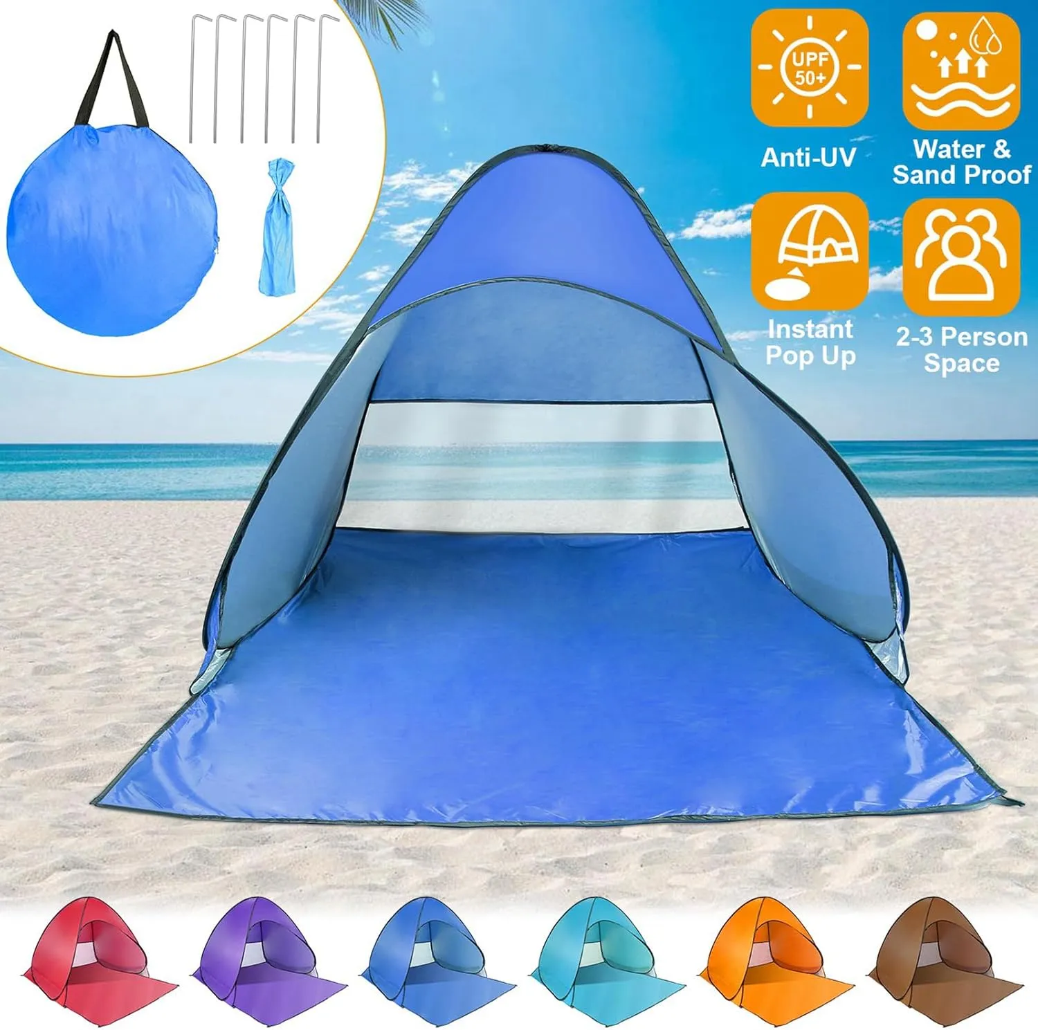 Pop Up Beach Tent for 2-3 Person, UPF50  Anti-UV Sun Shelter w/Storage Bag, Portable Waterproof Instant Sun Shade Canopy for Outdoor Beach Camping Hiking Travel Family, Blue