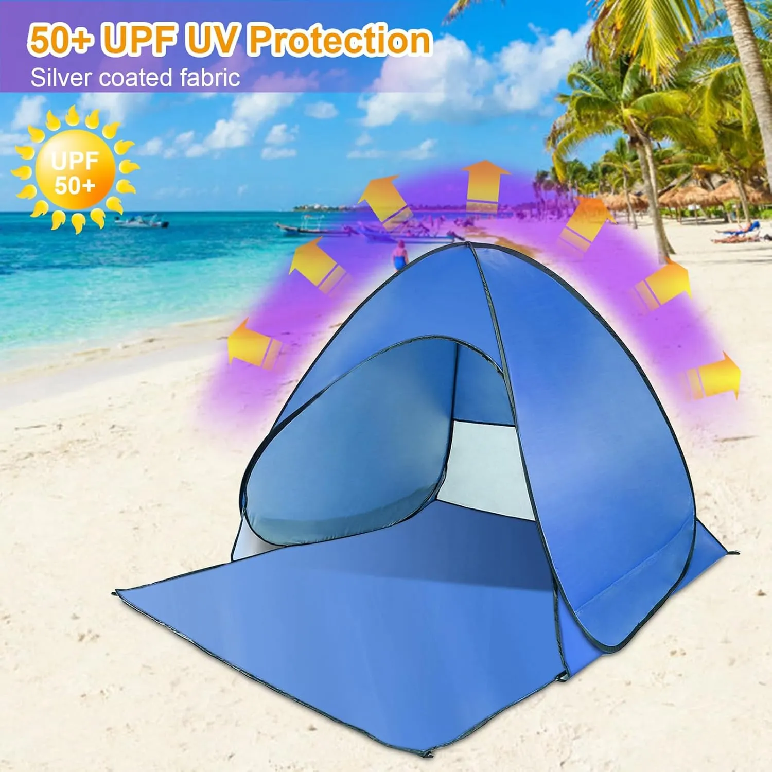 Pop Up Beach Tent for 2-3 Person, UPF50  Anti-UV Sun Shelter w/Storage Bag, Portable Waterproof Instant Sun Shade Canopy for Outdoor Beach Camping Hiking Travel Family, Blue