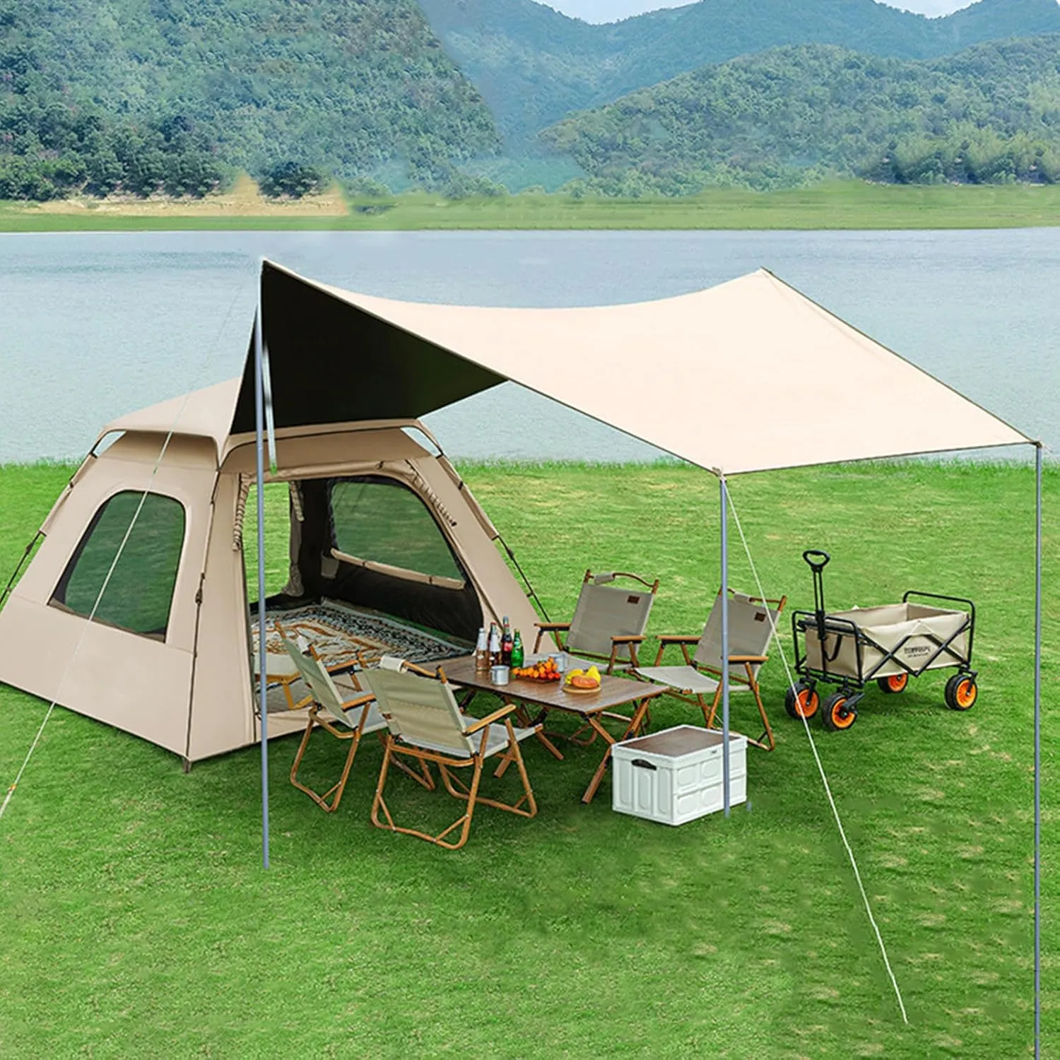 Pop Up Camping Tent with Canopy & 2x2m Picnic Mat, Outdoor Instant Camping Tent for 4-8 Person, Portable Family Tent for Backpacking Hiking Mountaineering Weekend,6 Person