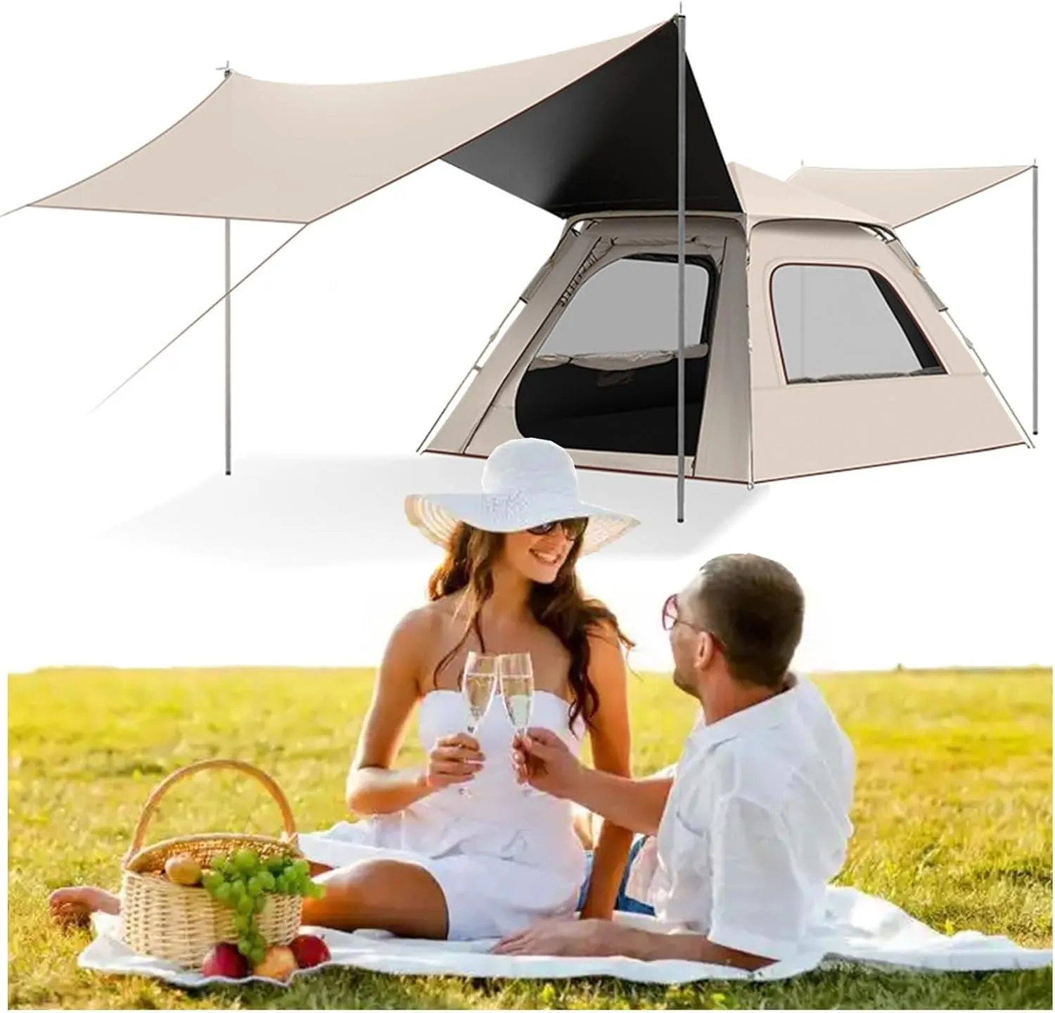 Pop Up Camping Tent with Canopy & 2x2m Picnic Mat, Outdoor Instant Camping Tent for 4-8 Person, Portable Family Tent for Backpacking Hiking Mountaineering Weekend,6 Person