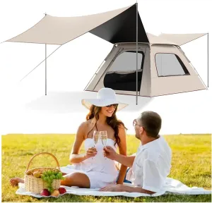 Pop Up Camping Tent with Canopy & 2x2m Picnic Mat, Outdoor Instant Camping Tent for 4-8 Person, Portable Family Tent for Backpacking Hiking Mountaineering Weekend,6 Person
