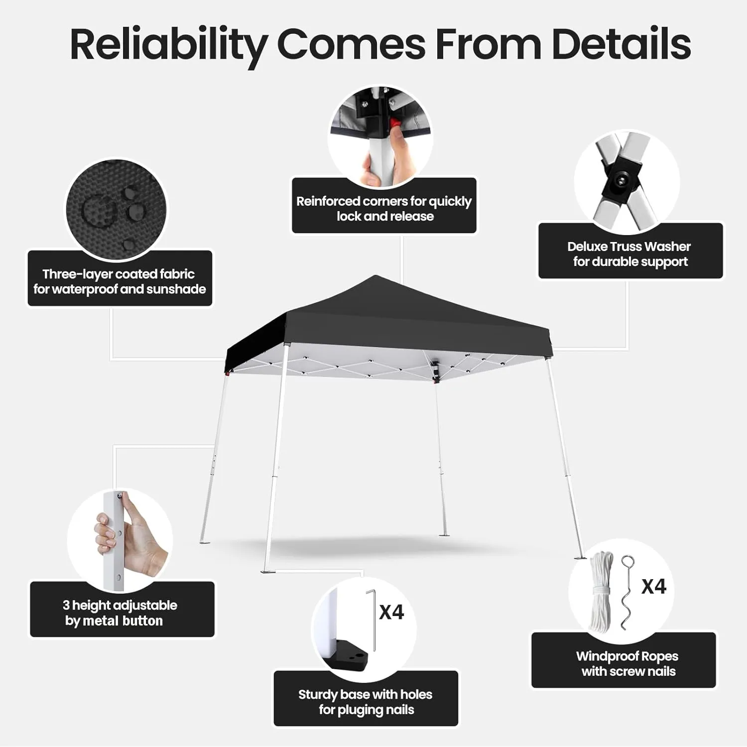 Pop-up Canopy Tent,Portable Outdoor Canopy for Parties Camping,Slant Legs Folding Tent,Sports Shelter,Beach Tent,Base 10x10 Top 8x8,3 Adjustable Height(Black)