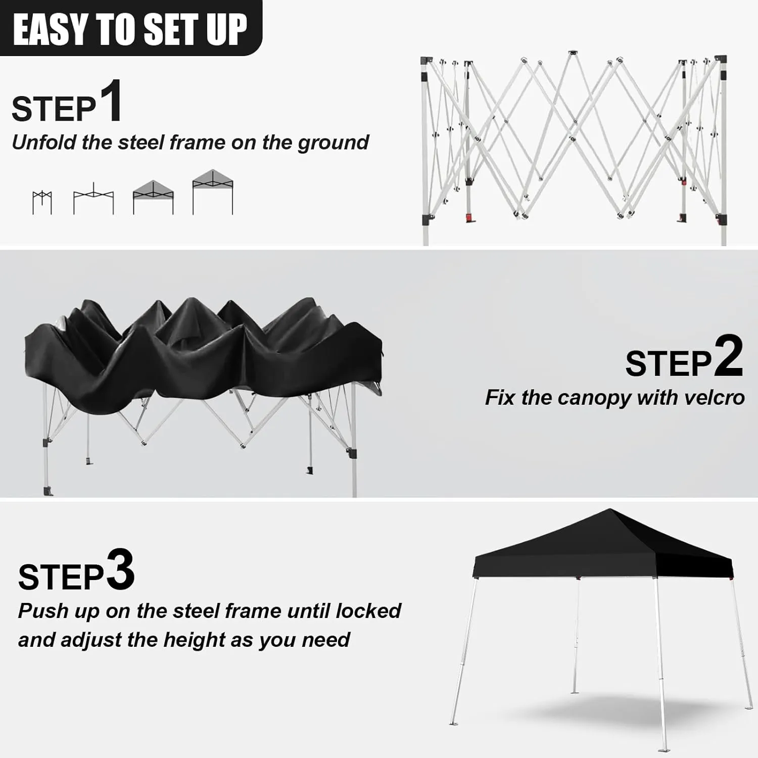Pop-up Canopy Tent,Portable Outdoor Canopy for Parties Camping,Slant Legs Folding Tent,Sports Shelter,Beach Tent,Base 10x10 Top 8x8,3 Adjustable Height(Black)