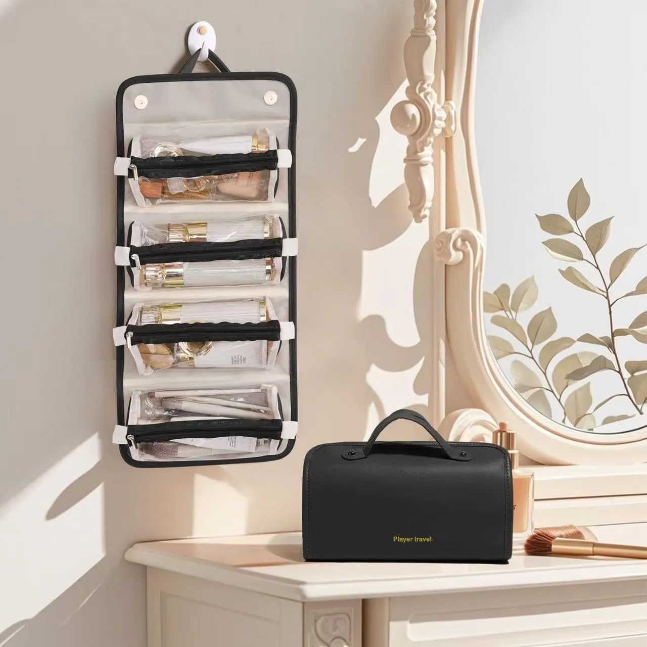 Portable 4-in-1 Foldable makeup Bag Leather Waterproof Cosmetic Bag Travel Toiletry Bag 4 Detachable Clear Multi Compartment Roll up Makeup Bag Hanging Makeup Bag