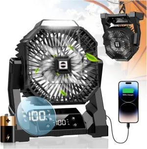 Portable Camping Fan with LED Lantern, 30000mAh Rechargeable Battery Operated Fan with 3 Speeds & Digtal, Personal USB Table for Camping Essential ＆ Hurricane-Ready