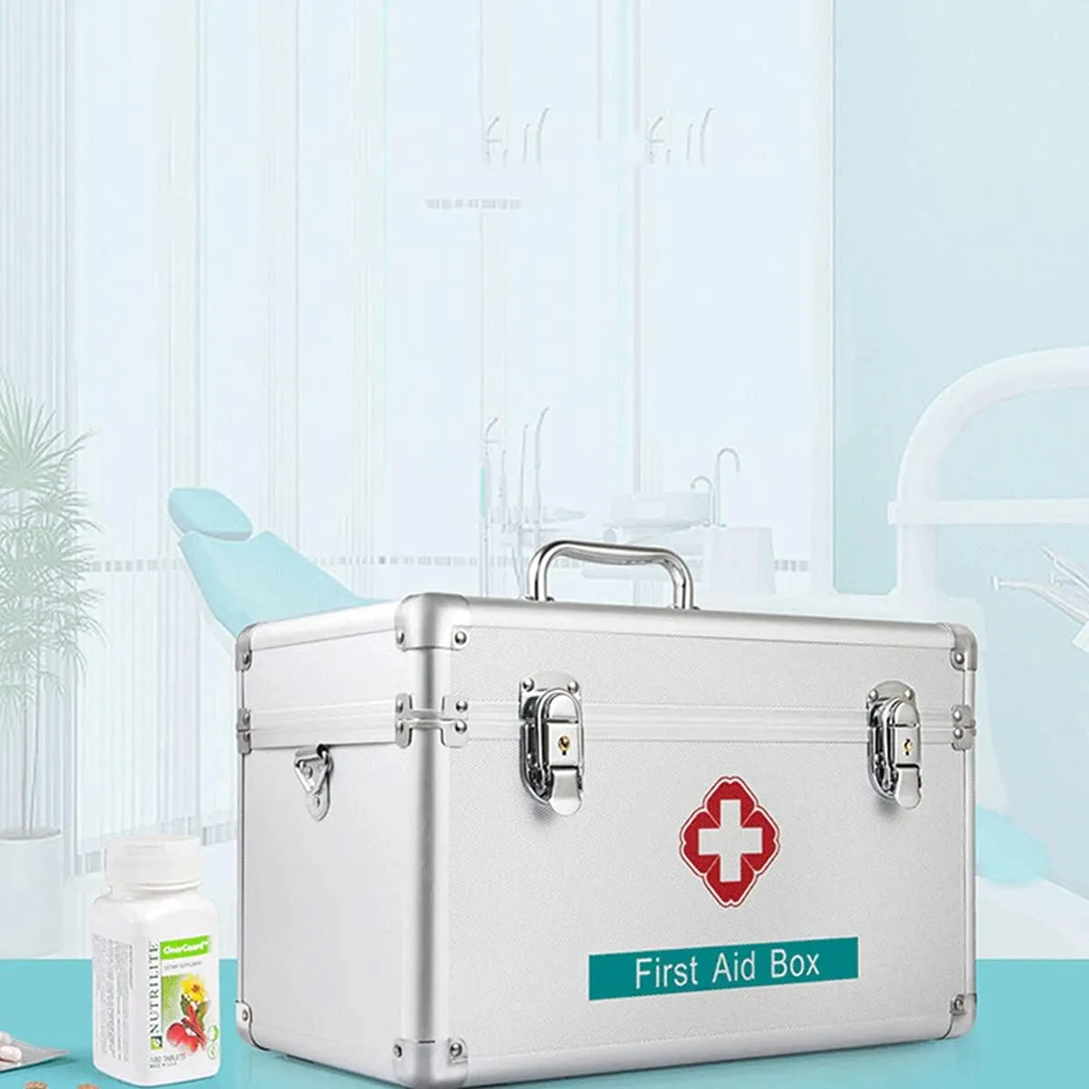 Portable First Aid Kit,Camping Emergency Kit,Contain Removable Tray Multi-Functional Family Emergency Kit Box with Handle，Silver,10in