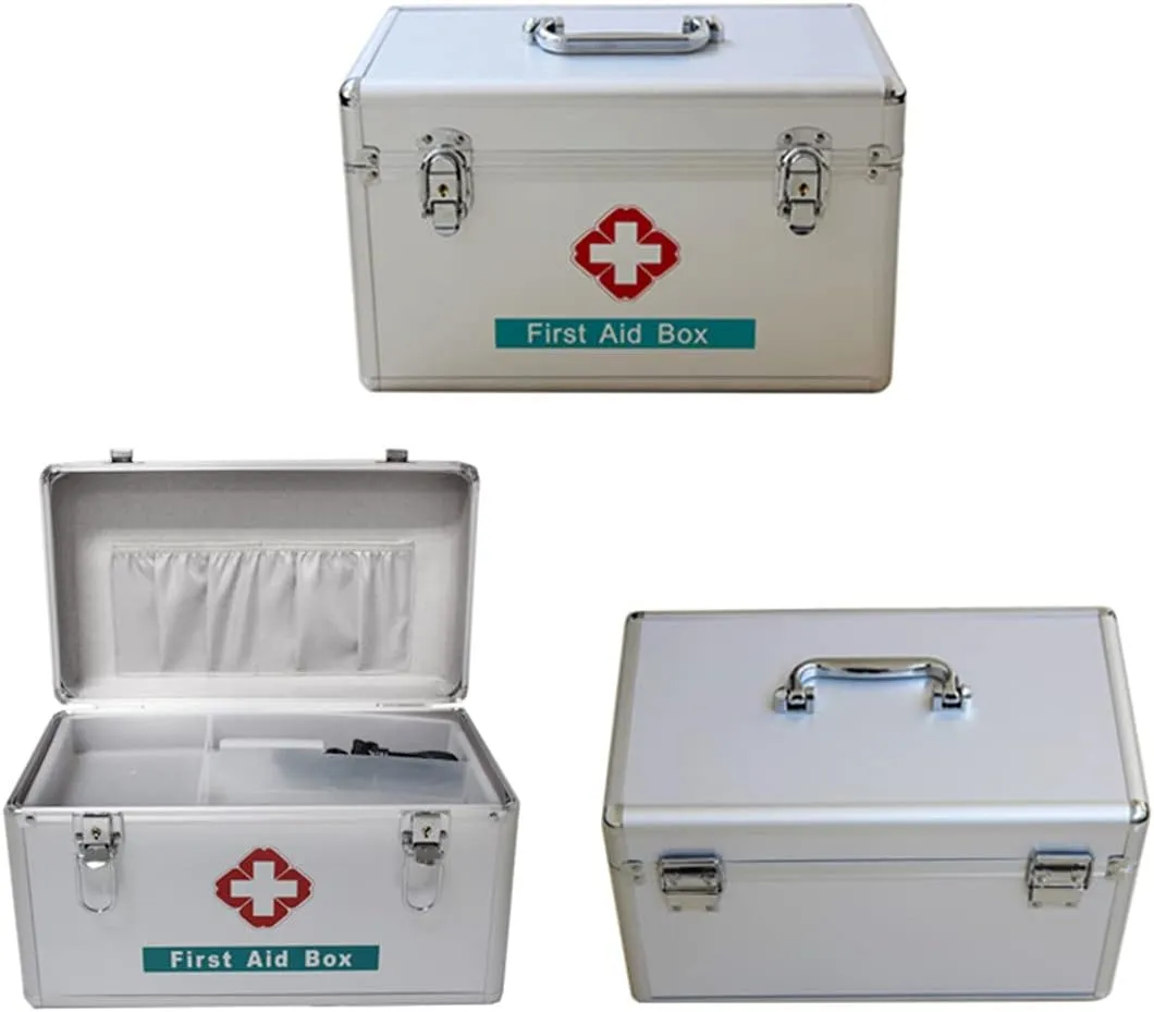 Portable First Aid Kit,Camping Emergency Kit,Contain Removable Tray Multi-Functional Family Emergency Kit Box with Handle，Silver,10in