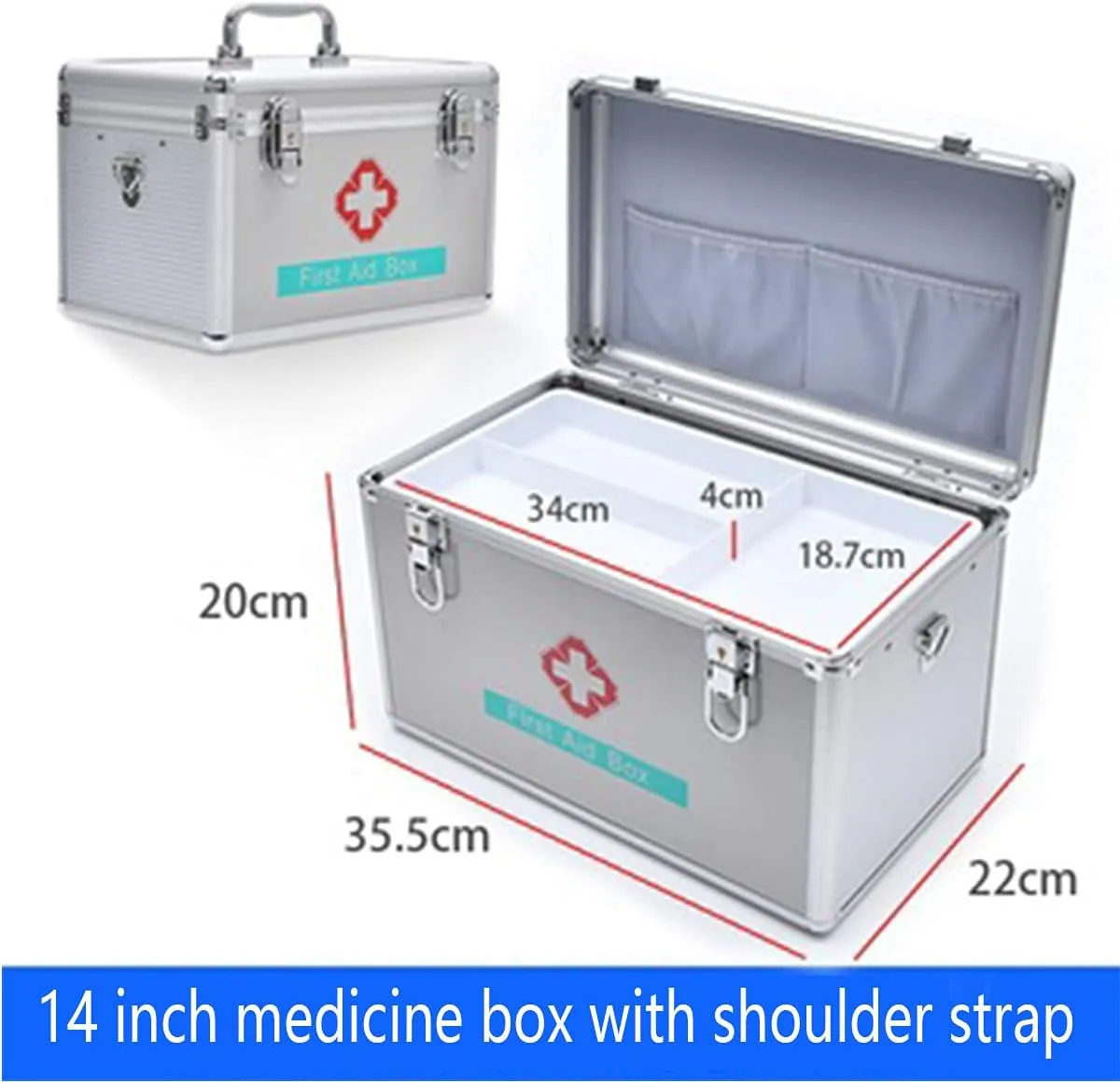Portable First Aid Kit,Camping Emergency Kit,Contain Removable Tray Multi-Functional Family Emergency Kit Box with Handle，Silver,14in